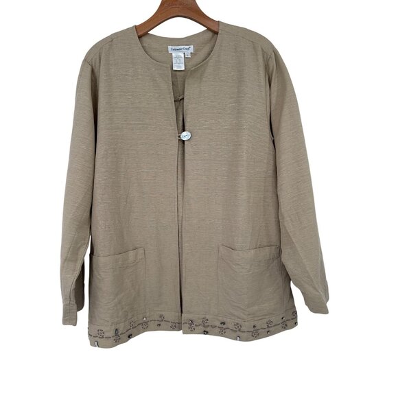Coldwater Creek Womens Beige silk jacket beaded size large pockets - Picture 1 of 3